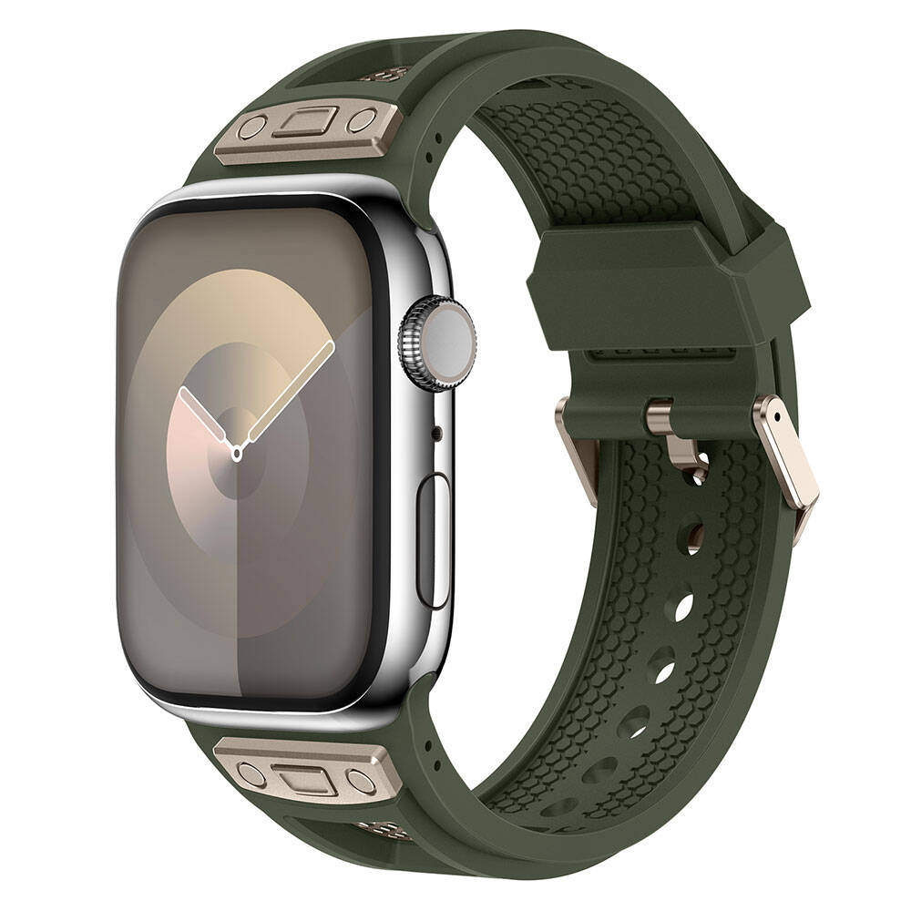 5 Apple Watch 7 45mm KRD-117 Hava Alabilen Delikli Metal Süslemeli Desenli Silikon Kordon