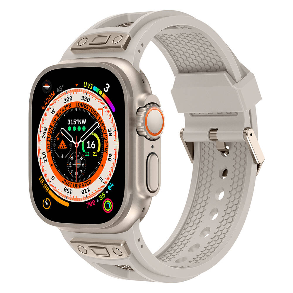 Apple Watch Ultra 49mm KRD-117 Hava Alabilen Delikli Metal Süslemeli Desenli Silikon Kordon