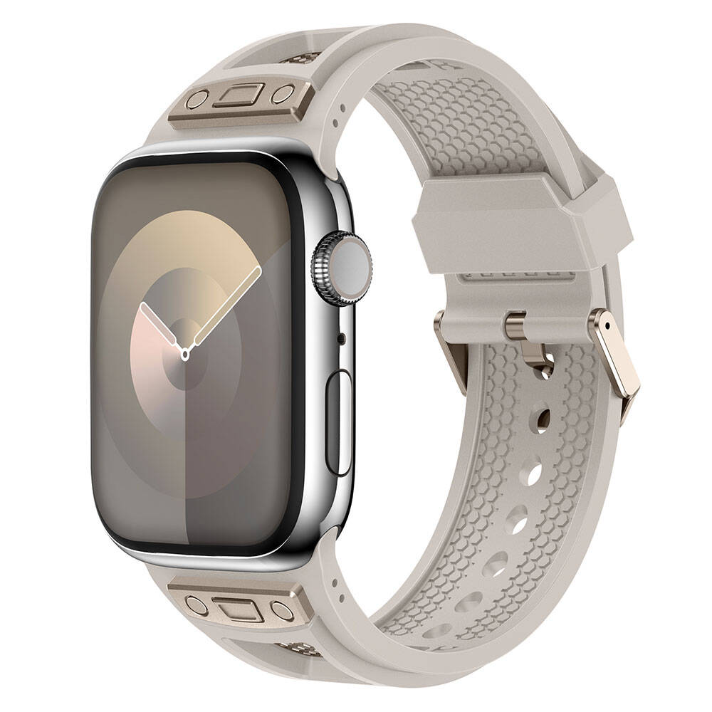 2 Apple Watch 42mm KRD-117 Hava Alabilen Delikli Metal Süslemeli Desenli Silikon Kordon